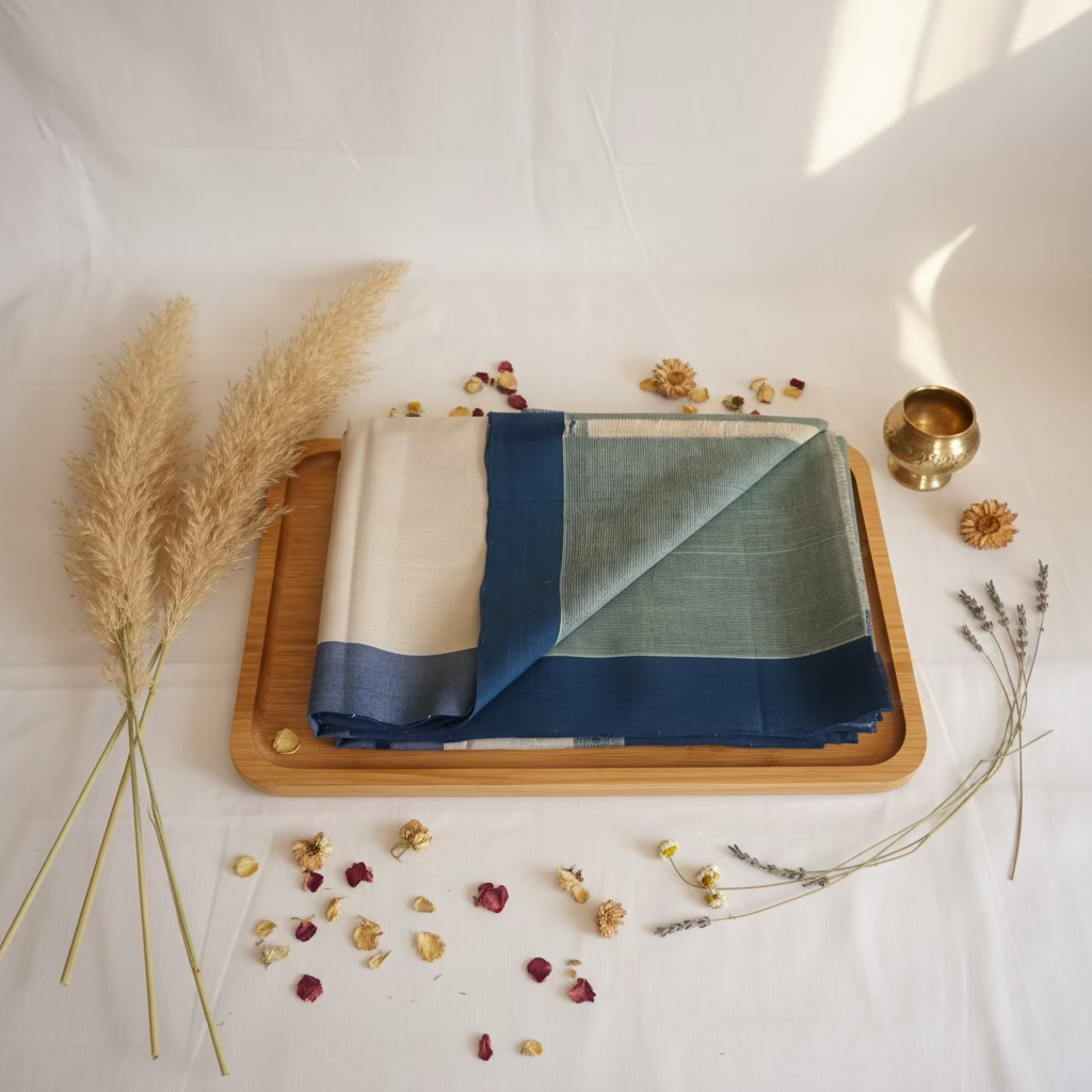 White with blue border Mangalagiri Cotton