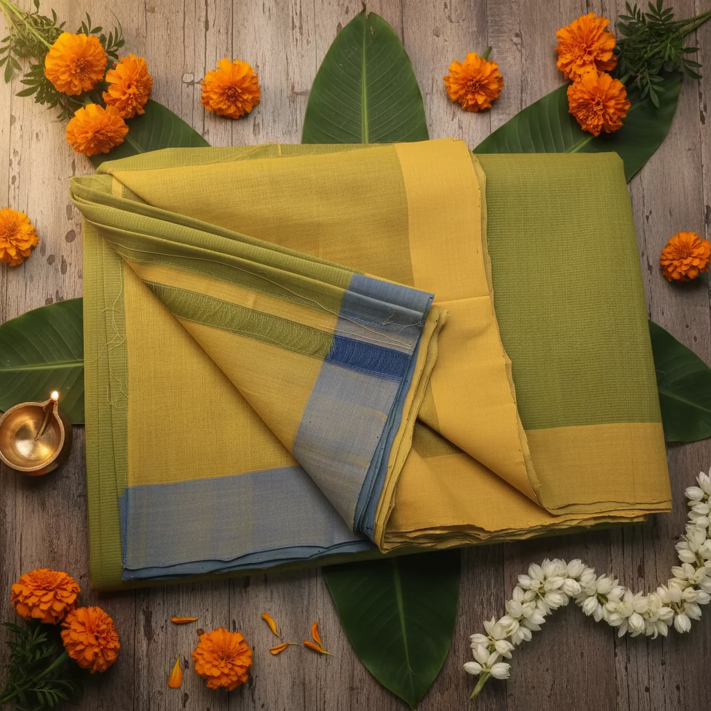 Olive green with dual border Mangalagiri Cotton