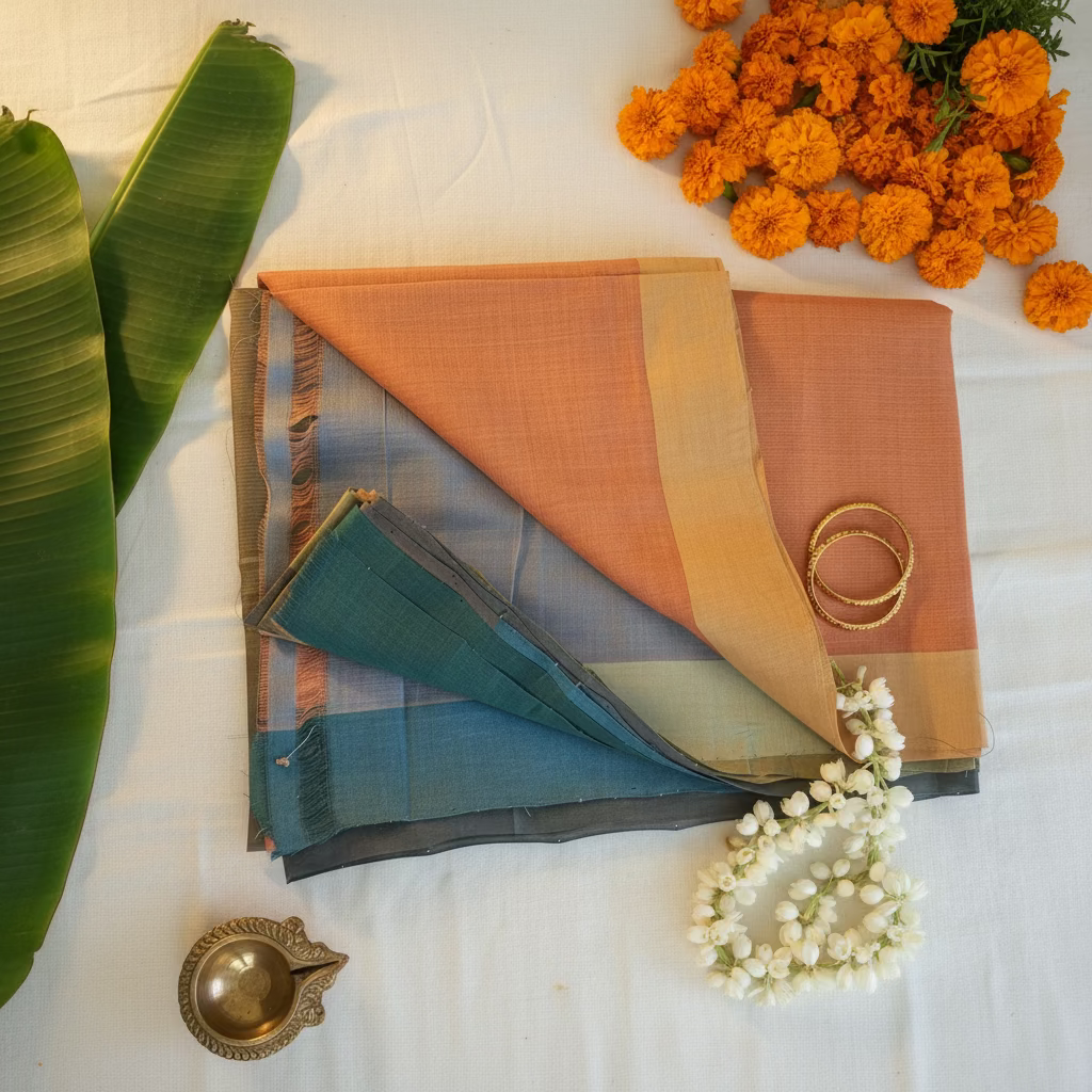 Orange with contrast pallu and blouse Mangalagiri Cotton