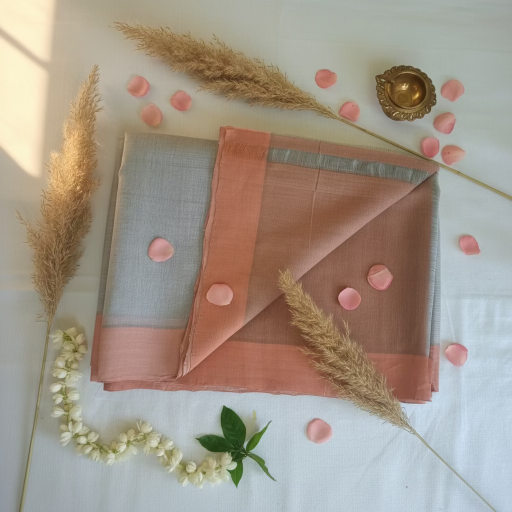Silver with Saffron border Mangalagiri Cotton