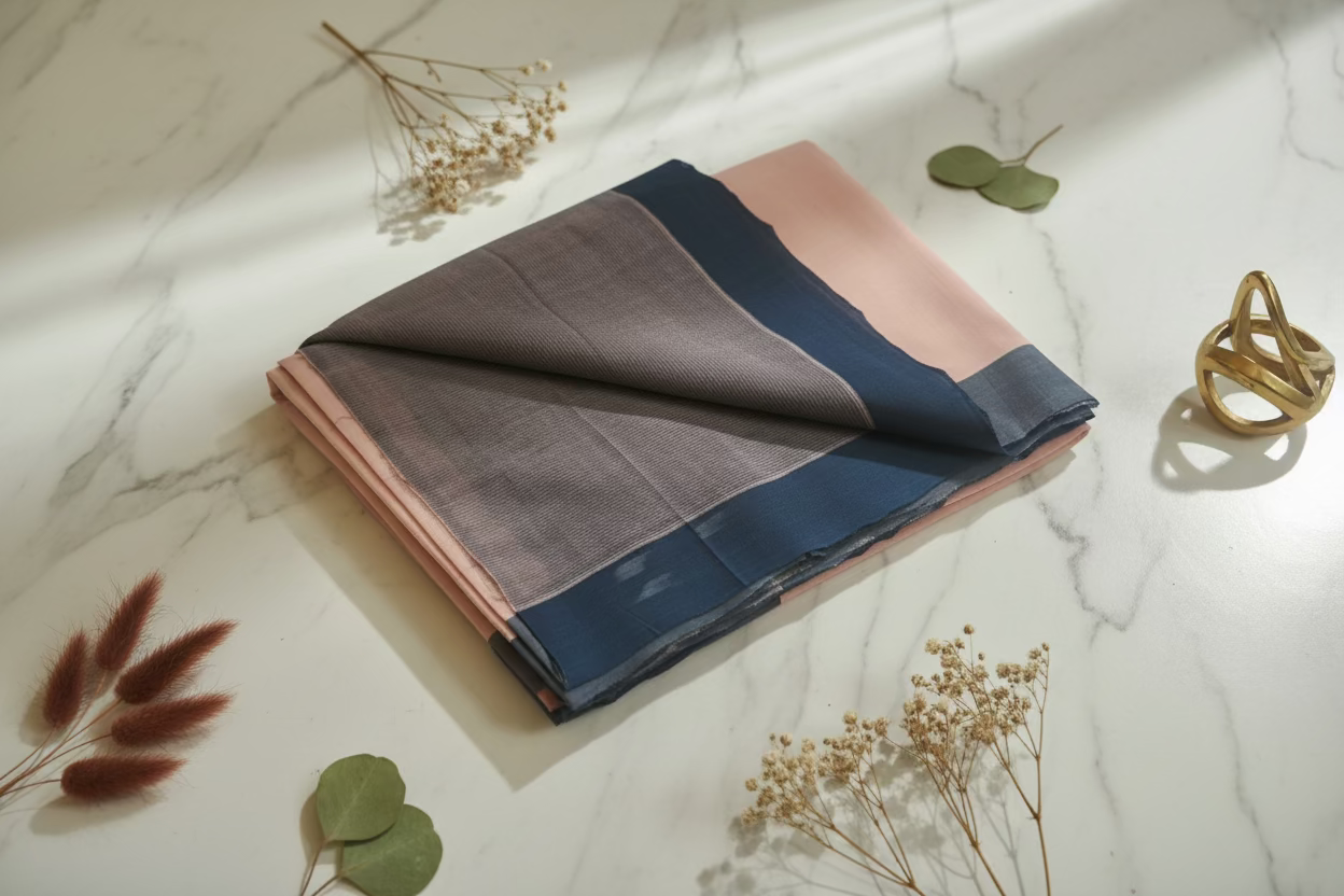 Light pink with greyish blue border Mangalagiri Cotton