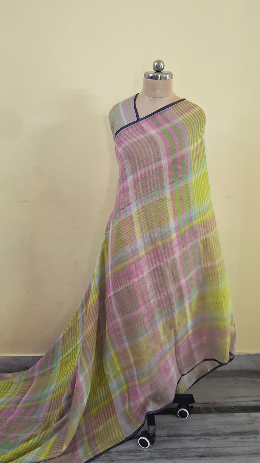 Yellow Pink Linen Checks Saree