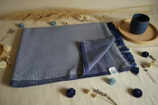 Navy blue white checks Mul Cotton 120