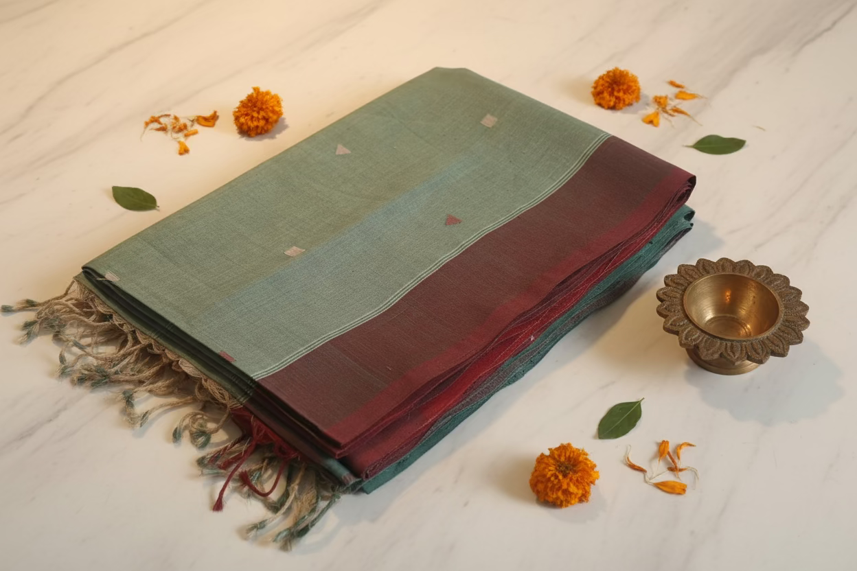 Pista Green Jamdani with dual border Ponduru Cotton
