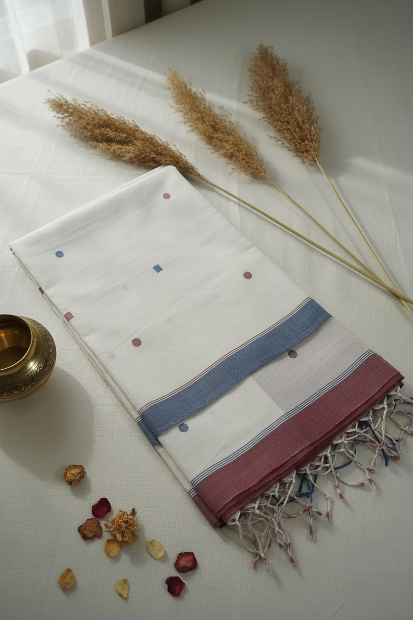 White Jamdani with dual border Ponduru Cotton