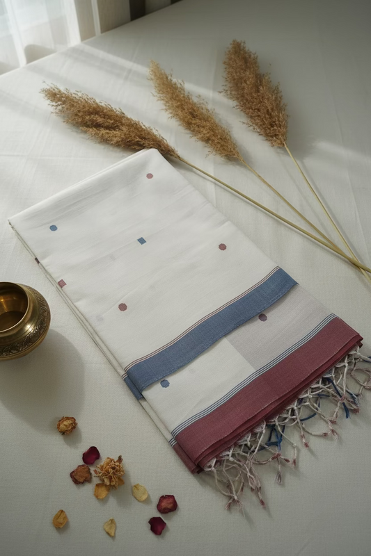 White Jamdani with dual border Ponduru Cotton