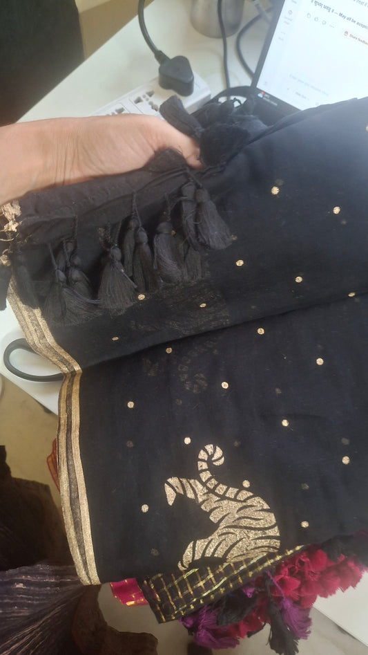 Black Tiger print Mul cotton Saree