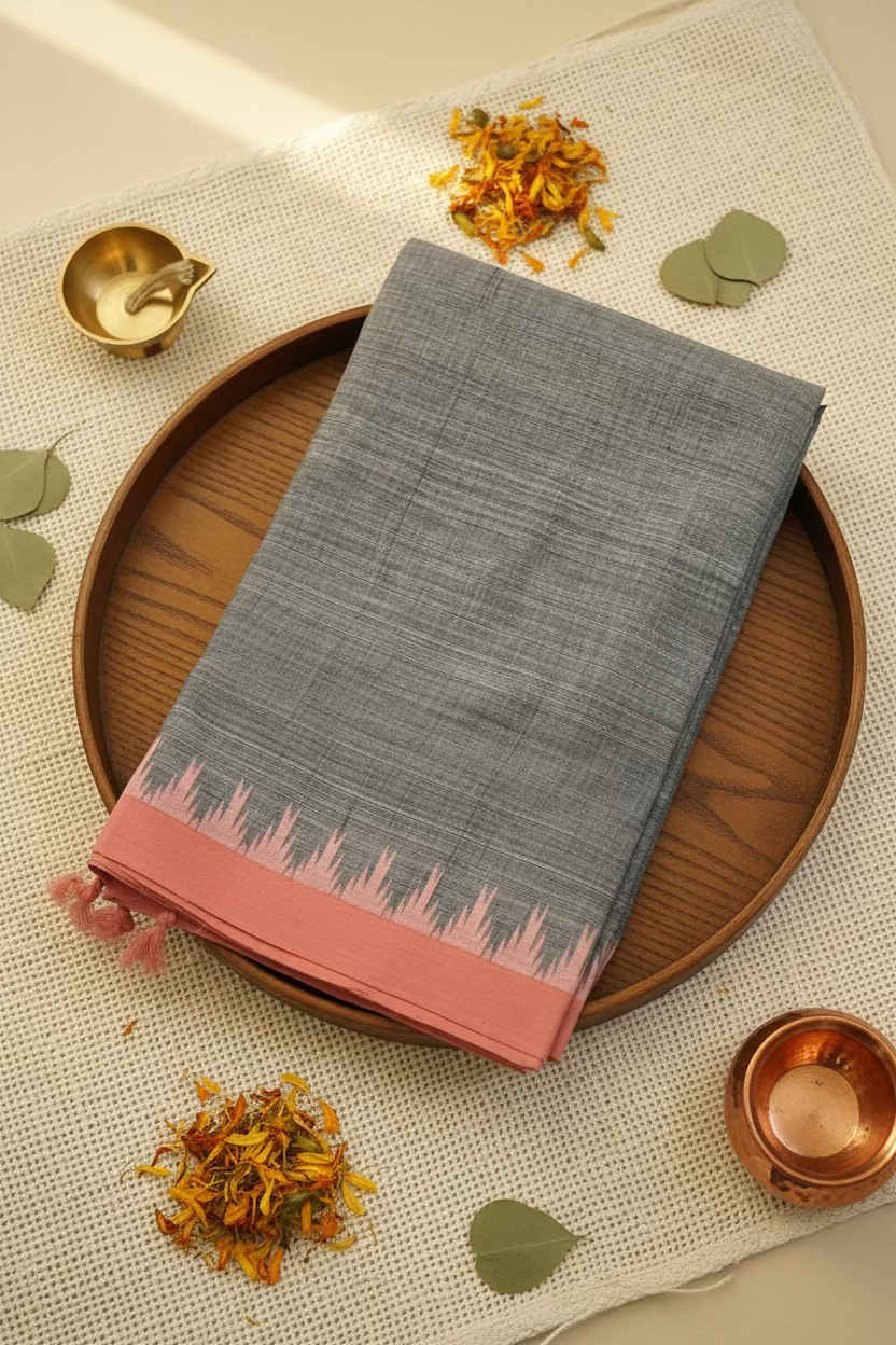 Charcoal grey with Orange border Ponduru Cotton