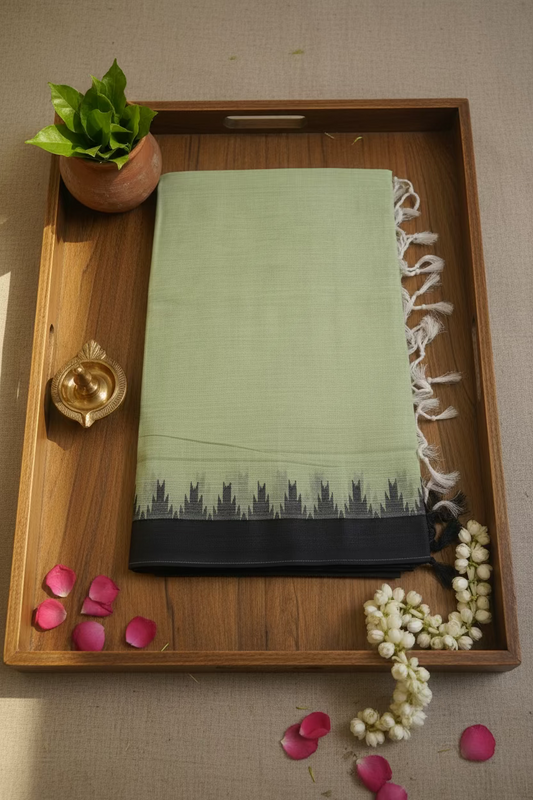 Pista Green with Black border Ponduru Cotton