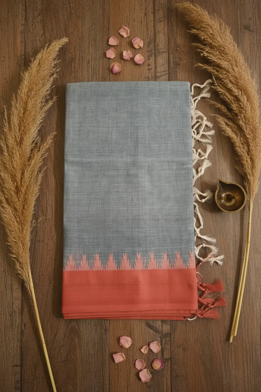 Denim Blue with Orange border Ponduru Cotton