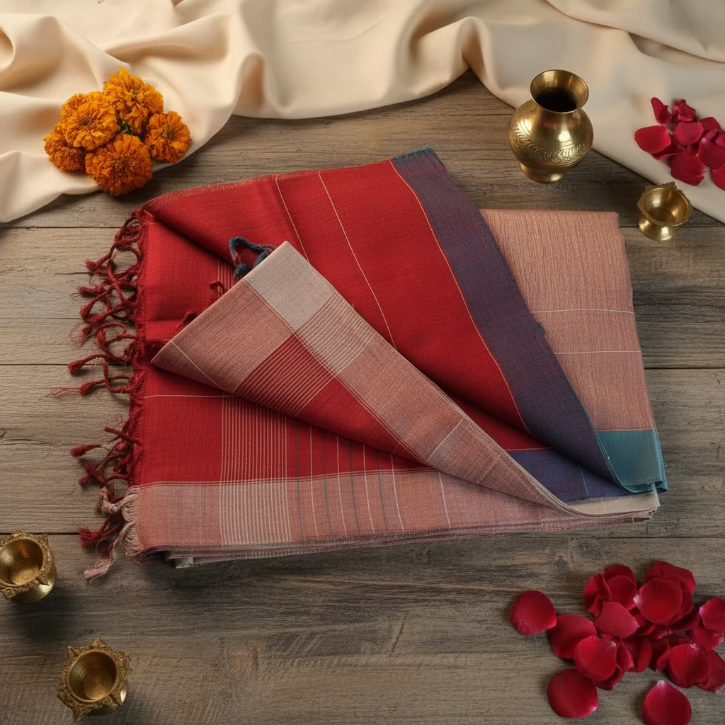 Pinkish red Jamdani with dual border Ponduru Cotton