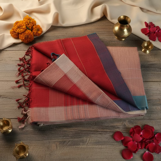 Pinkish red Jamdani with dual border Ponduru Cotton