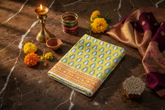 Yellow Sanganeri Handblock Mul Cotton 100