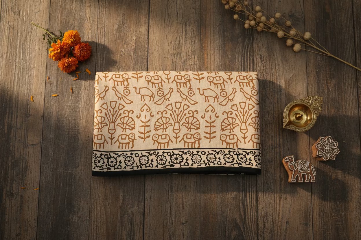 Brown Bagru Handblock Mul Cotton 100