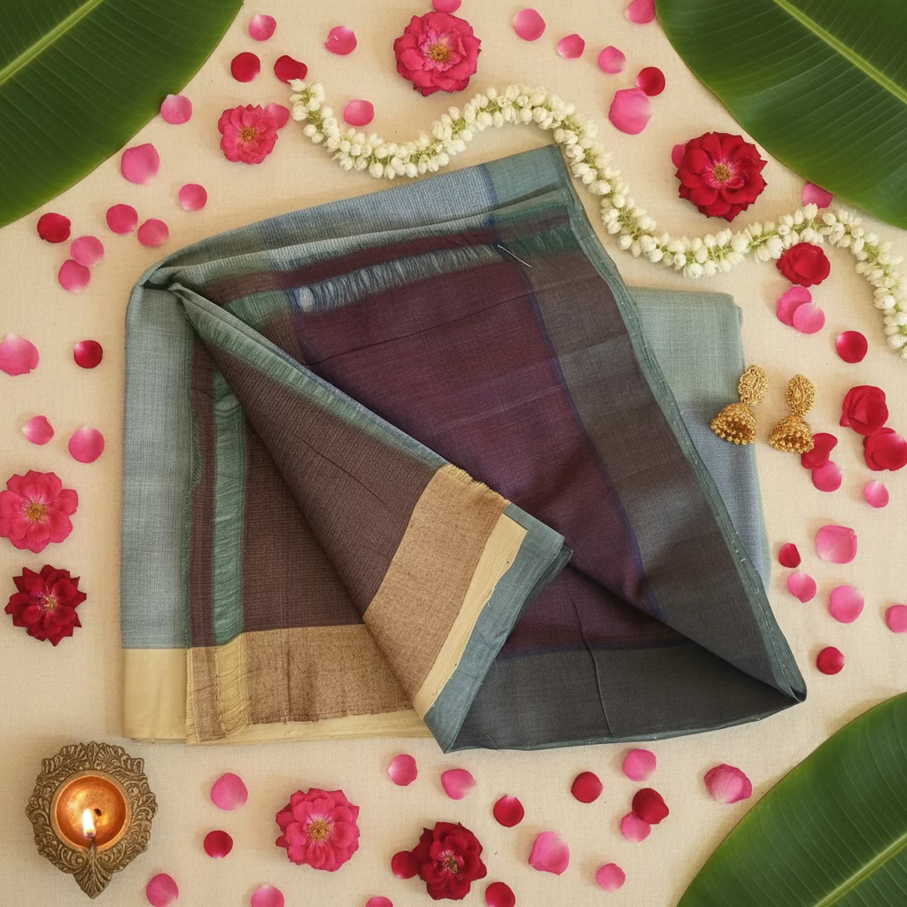Greyish green with Steel blue  Mangalagiri Cotton 2