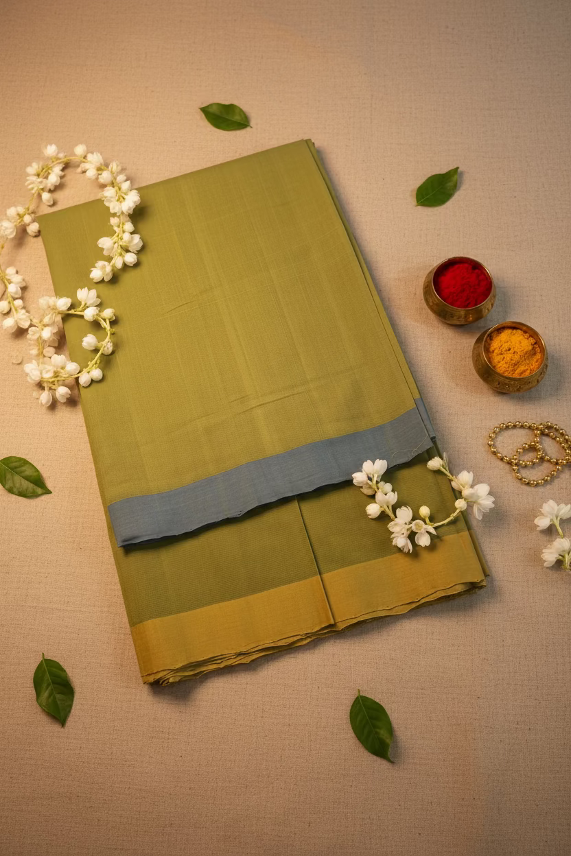 Olive green with dual border  Mangalagiri Cotton