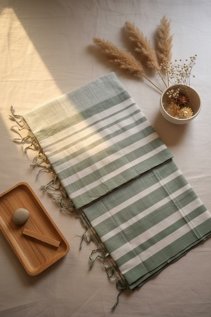 Green Beige Stripes Mangalagiri Cotton