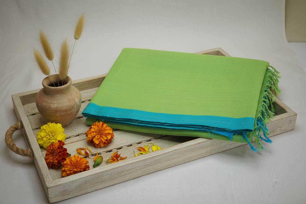 Lime Green with Blue border Mul Cotton