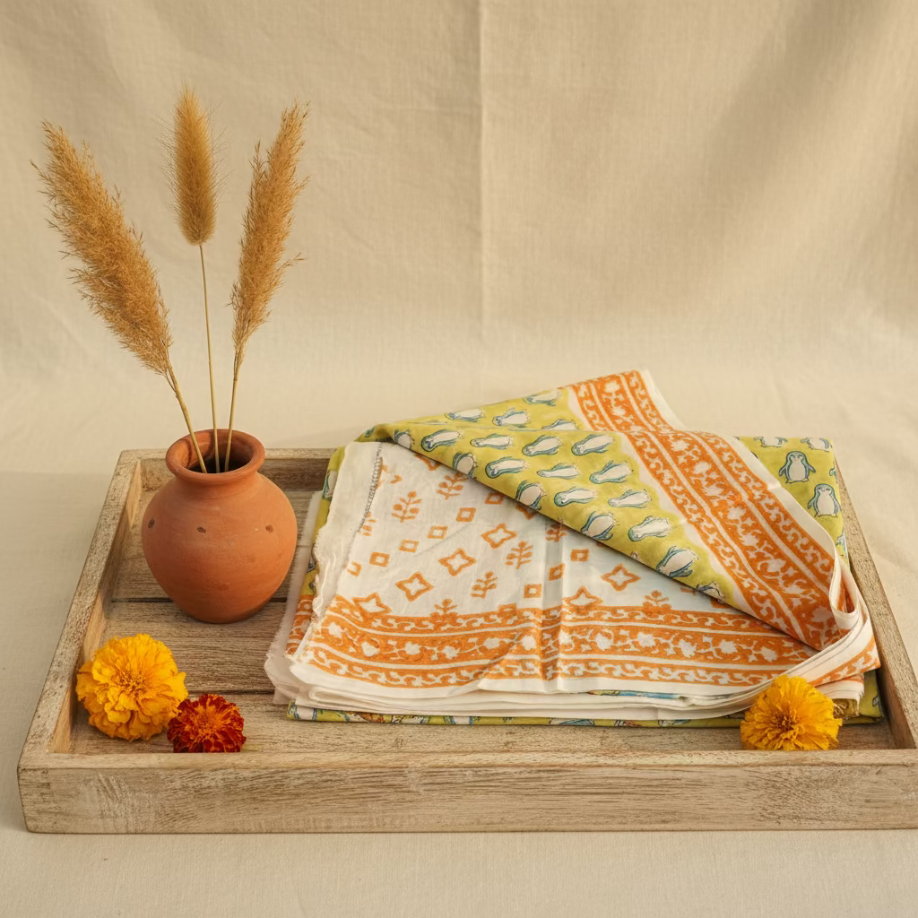 Yellow Sanganeri Handblock Mul Cotton 100
