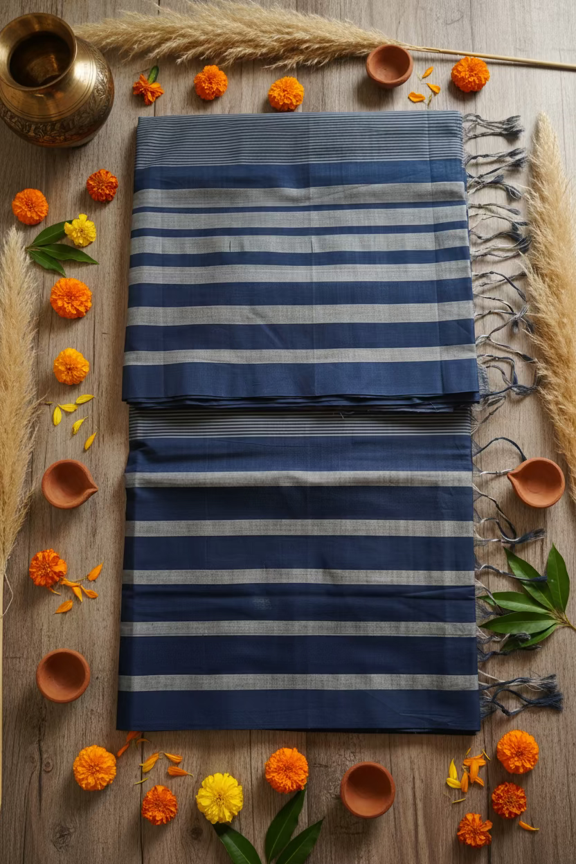 Indigo White Stripes Mangalagiri Cotton