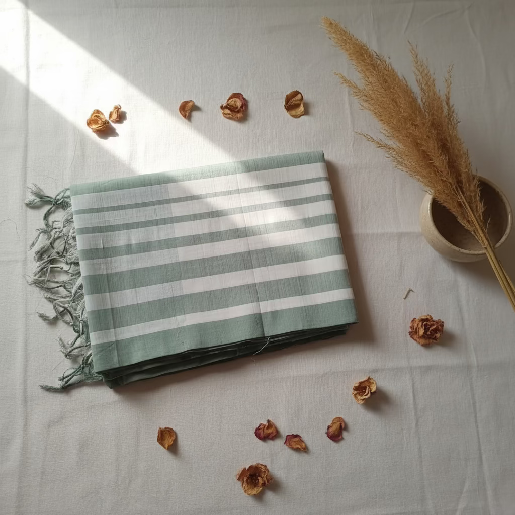 Green Beige Stripes Mangalagiri Cotton