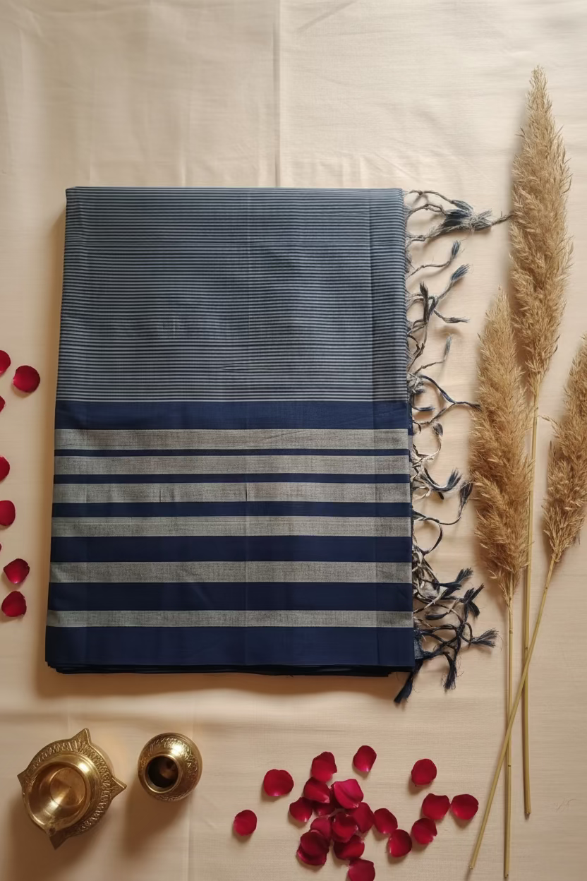 Indigo White Stripes Mangalagiri Cotton